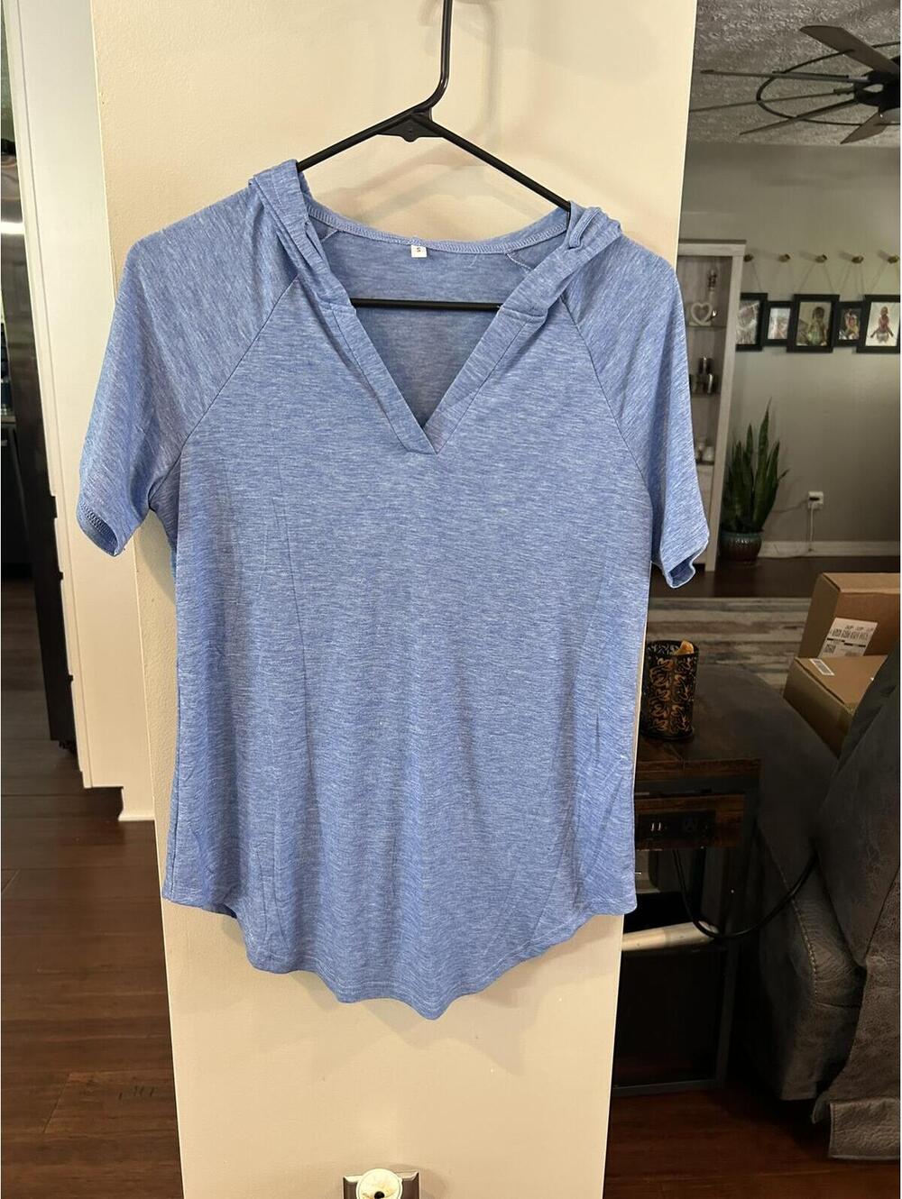 Light Blue Short Sleeve Hooded Top, Size Small
